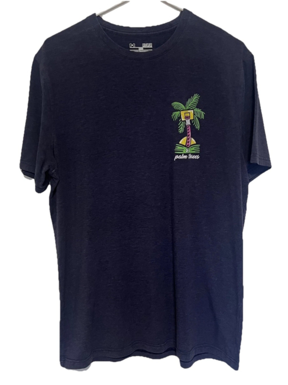 Under Armour Basketball T-Shirt Men’s Medium Gray Tropical Palm Tree Loose Fit